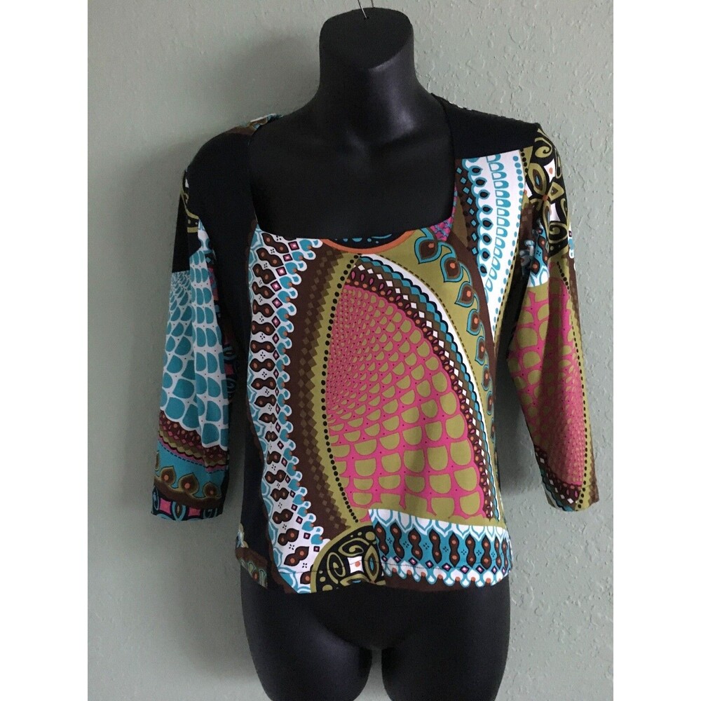 Andria Lieu Collection Women's Size S. Geometric Blouse Square Neck 3/4 Sleeve